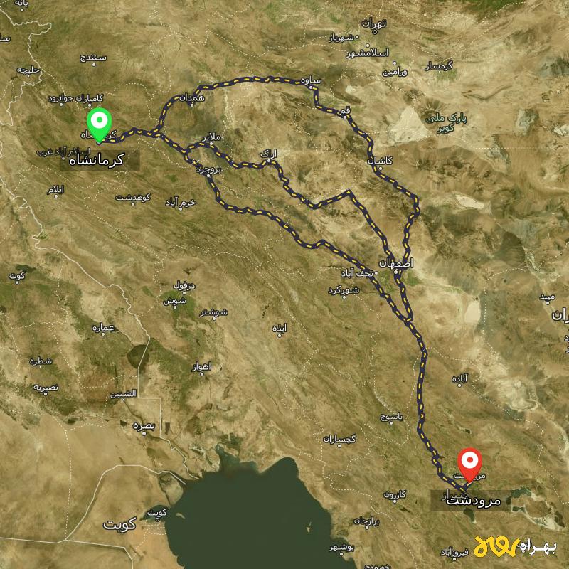 مسافت و فاصله مرودشت - فارس تا کرمانشاه از ۳ مسیر - اردیبهشت ۱۴۰۳