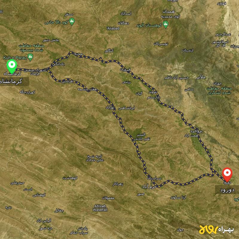 مسافت و فاصله دورود - لرستان تا کرمانشاه از ۲ مسیر - اردیبهشت ۱۴۰۳