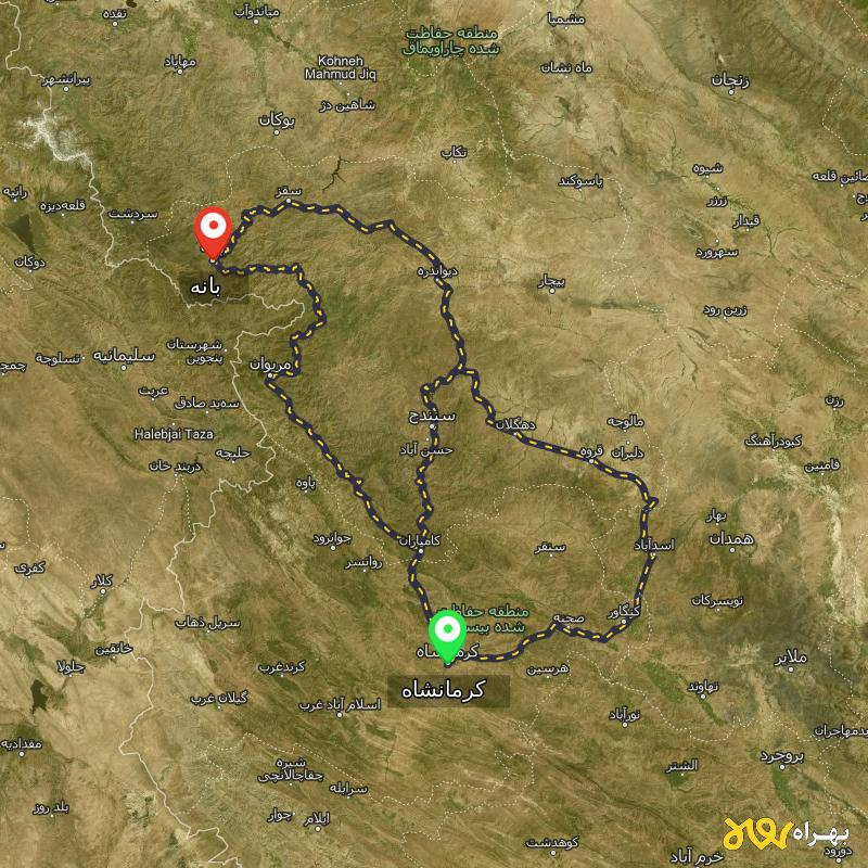 مسافت و فاصله بانه - کردستان تا کرمانشاه از 3 مسیر - مسیریاب بهراه
