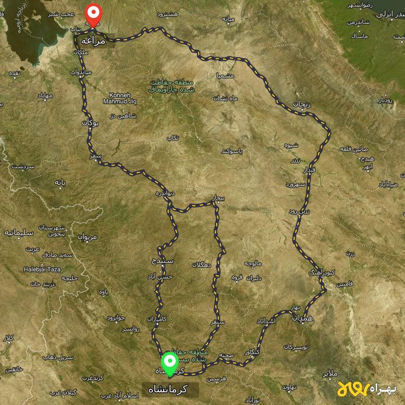 مسافت و فاصله مراغه - آذربایجان شرقی تا کرمانشاه از ۳ مسیر - اردیبهشت ۱۴۰۳