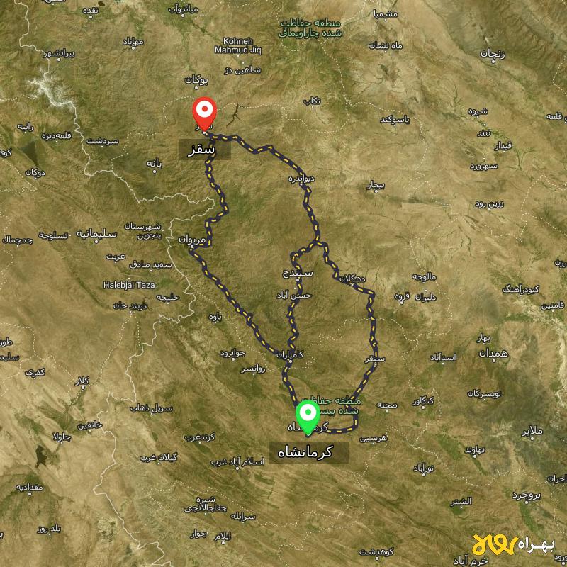 مسافت و فاصله سقز - کردستان تا کرمانشاه از ۳ مسیر - مرداد ۱۴۰۳