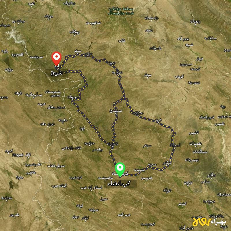 مسافت و فاصله شوێ - کردستان تا کرمانشاه از ۳ مسیر - مرداد ۱۴۰۳