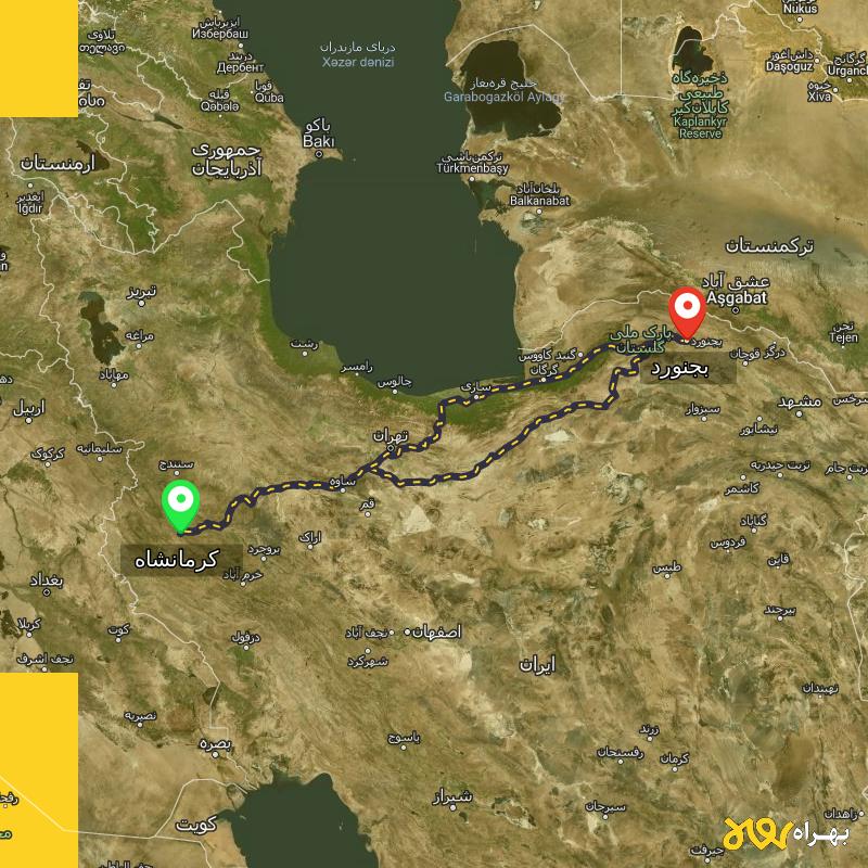 مسافت و فاصله بجنورد تا کرمانشاه از ۲ مسیر - مرداد ۱۴۰۳