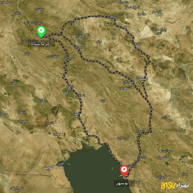 مسافت و فاصله بوشهر تا کرمانشاه از 3 مسیر - مسیریاب بهراه