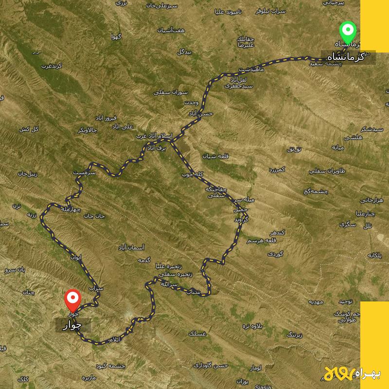 مسافت و فاصله چوار - ایلام تا کرمانشاه از ۲ مسیر - آذر ۱۴۰۳