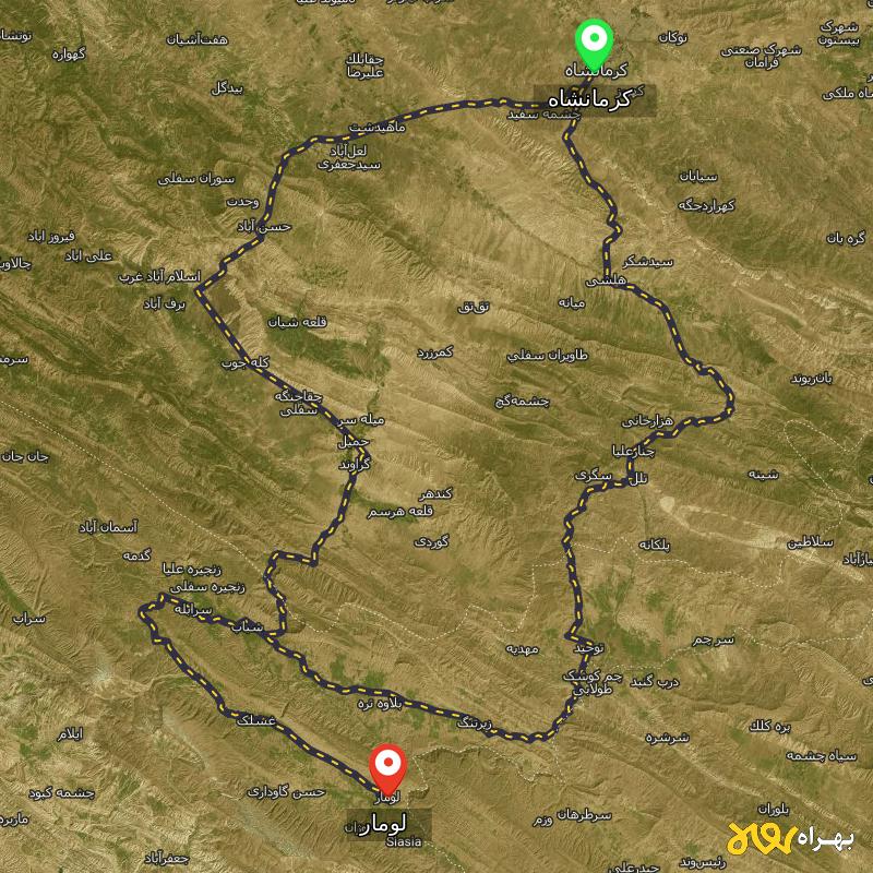 مسافت و فاصله لومار - ایلام تا کرمانشاه از ۲ مسیر - آبان ۱۴۰۳