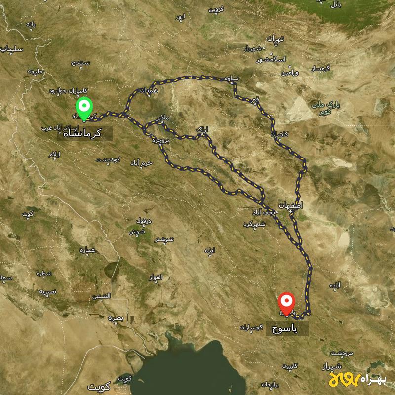 مسافت و فاصله یاسوج تا کرمانشاه از 3 مسیر - مسیریاب بهراه