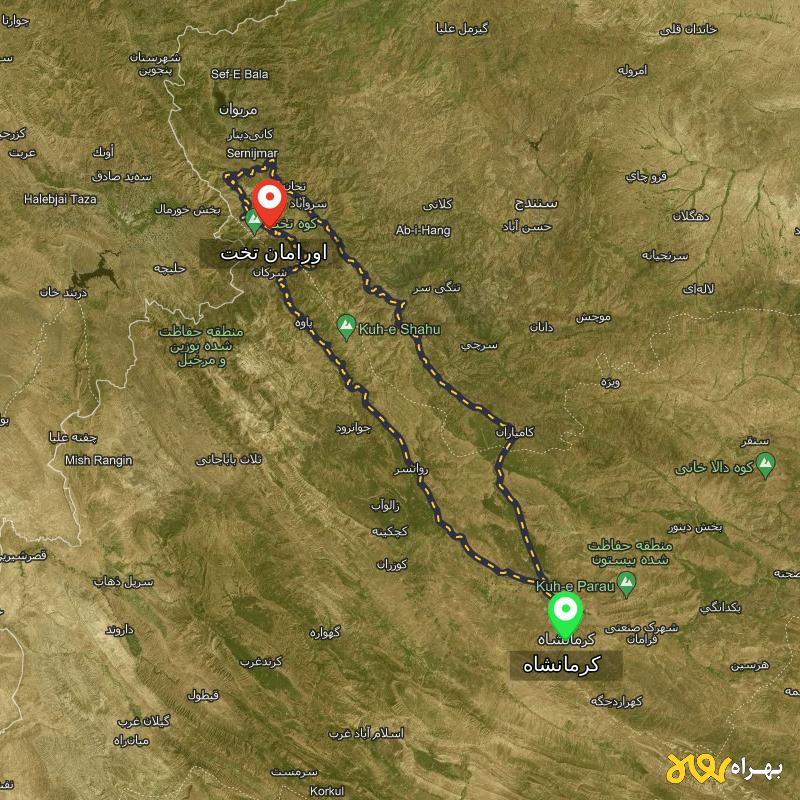 مسافت و فاصله اورامان تخت - کردستان تا کرمانشاه از 2 مسیر - مسیریاب بهراه