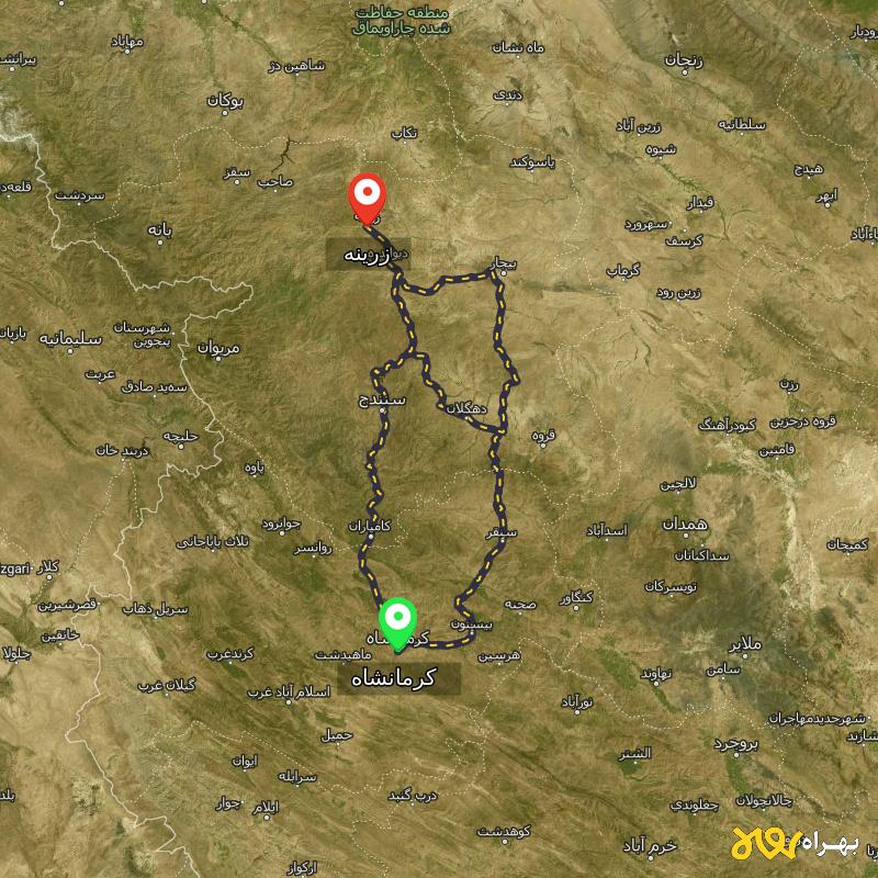 مسافت و فاصله زرینه - کردستان تا کرمانشاه از ۳ مسیر - مهر ۱۴۰۳