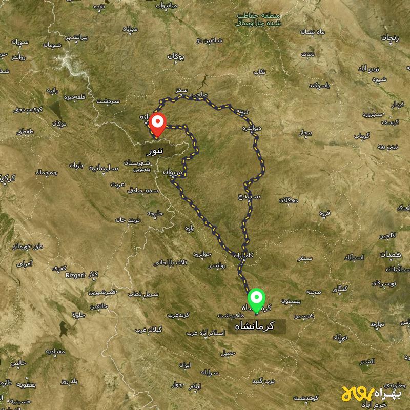 مسافت و فاصله ننور - کردستان تا کرمانشاه از ۲ مسیر - شهریور ۱۴۰۳