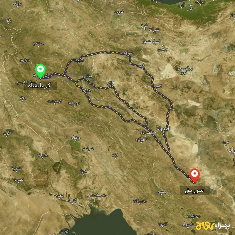 مسافت و فاصله سورمق - فارس تا کرمانشاه از ۳ مسیر - مرداد ۱۴۰۳