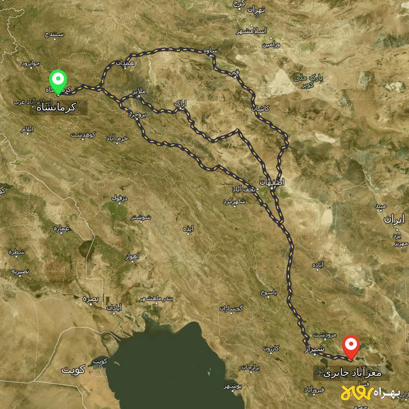 مسافت و فاصله معزآباد جابری - فارس تا کرمانشاه از ۳ مسیر - شهریور ۱۴۰۳