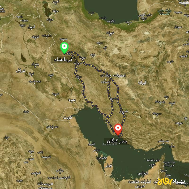 مسافت و فاصله بندر کنگان - بوشهر تا کرمانشاه از ۳ مسیر - اردیبهشت ۱۴۰۳