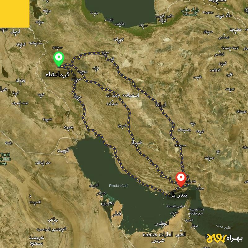 مسافت و فاصله بندر پل - هرمزگان تا کرمانشاه از ۳ مسیر - آبان ۱۴۰۳