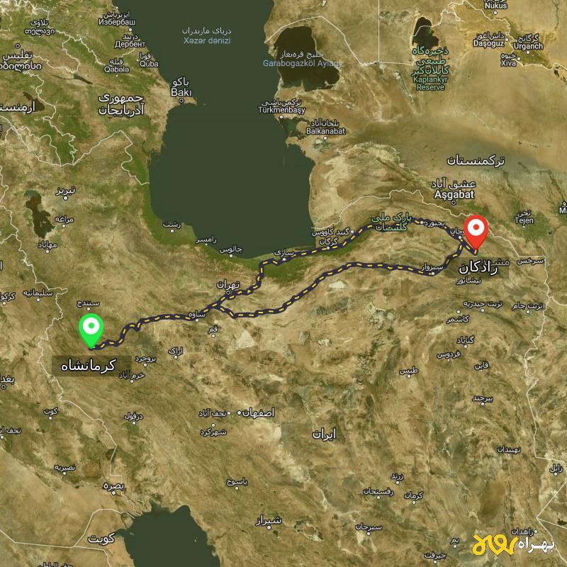 مسافت و فاصله رادکان - خراسان رضوی تا کرمانشاه از ۲ مسیر - مهر ۱۴۰۳