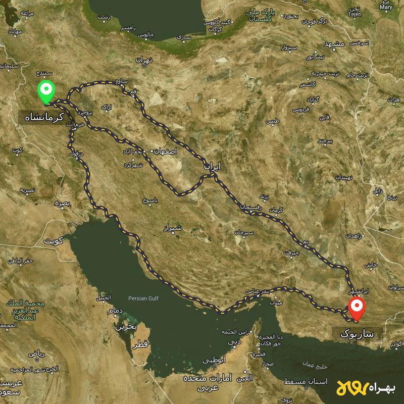 مسافت و فاصله ساربوک - سیستان و بلوچستان تا کرمانشاه از ۳ مسیر - شهریور ۱۴۰۳
