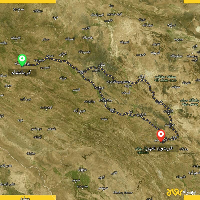 مسافت و فاصله فریدون شهر - اصفهان تا کرمانشاه از ۲ مسیر - آذر ۱۴۰۳