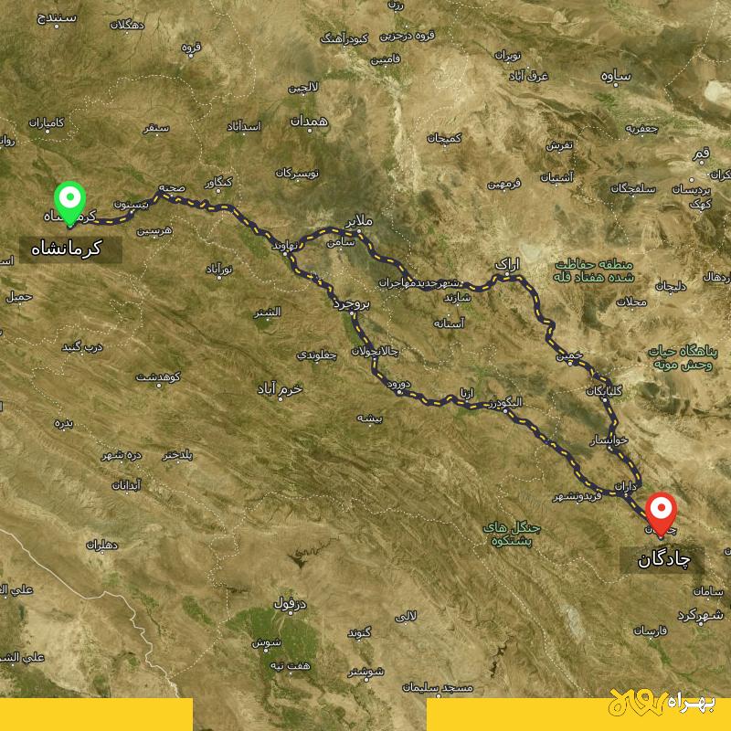 مسافت و فاصله چادگان - اصفهان تا کرمانشاه از ۲ مسیر - دی ۱۴۰۳