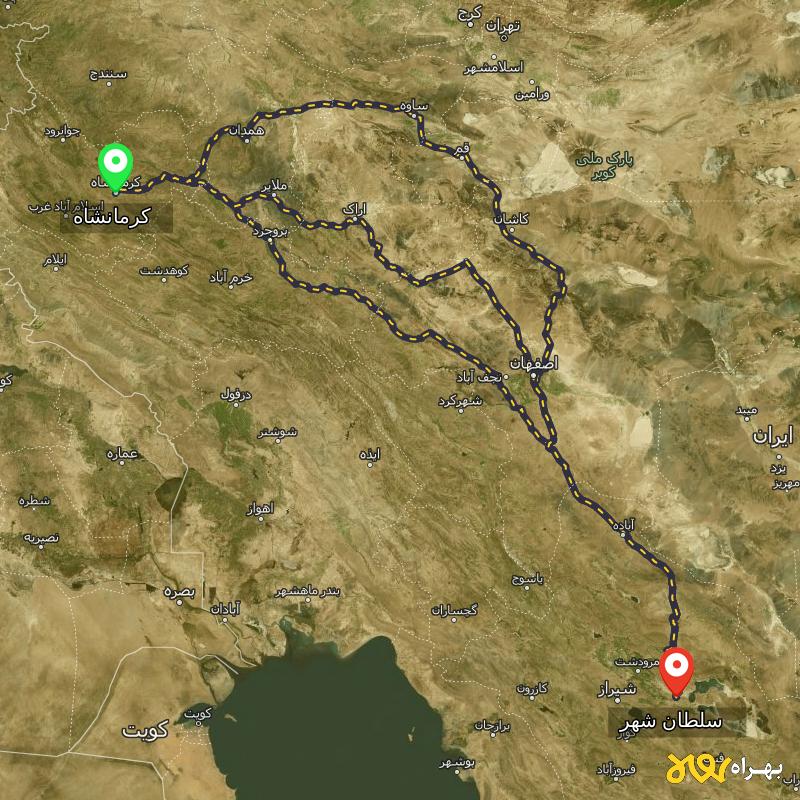 مسافت و فاصله سلطان شهر - فارس تا کرمانشاه از ۳ مسیر - آبان ۱۴۰۳