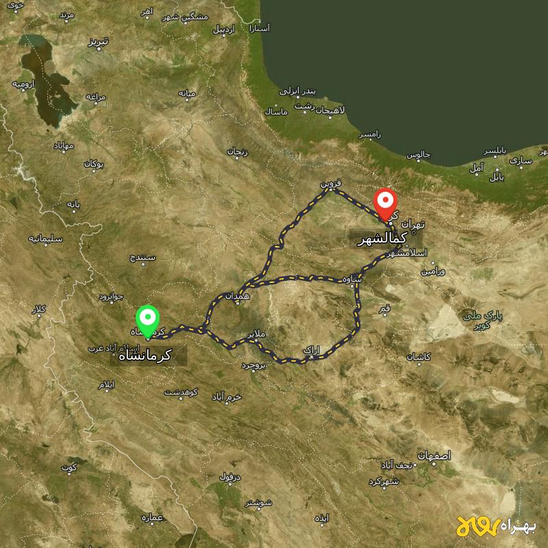 مسافت و فاصله کمالشهر - البرز تا کرمانشاه از ۳ مسیر - آبان ۱۴۰۳