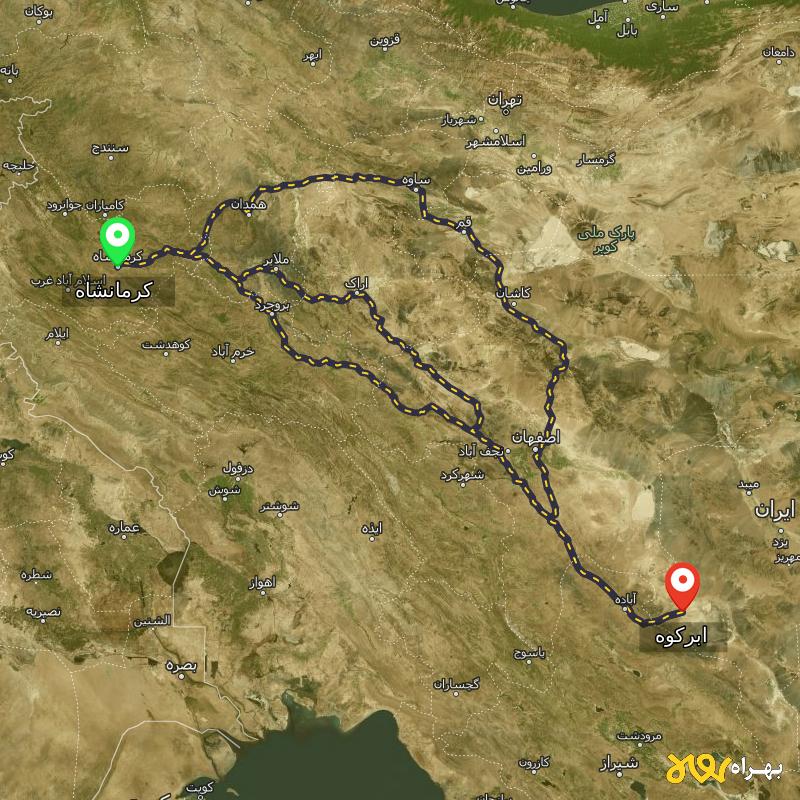 مسافت و فاصله ابرکوه - یزد تا کرمانشاه از ۳ مسیر - اردیبهشت ۱۴۰۳