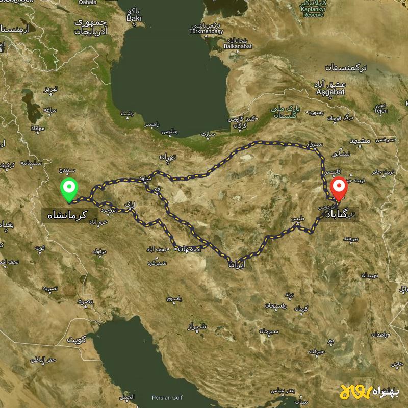 مسافت و فاصله گناباد - خراسان رضوی تا کرمانشاه از ۳ مسیر - آذر ۱۴۰۳