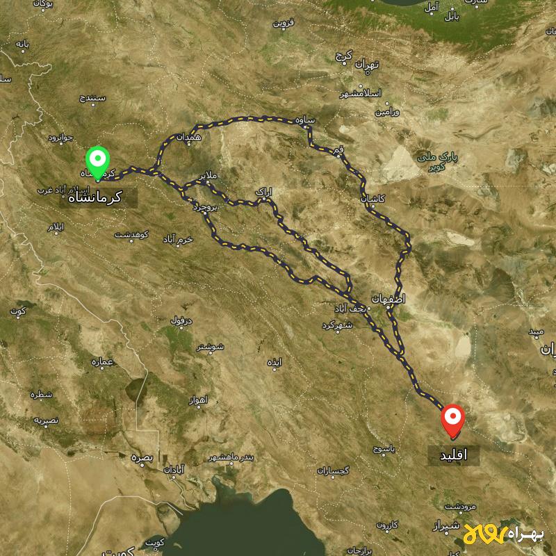 مسافت و فاصله اقلید - فارس تا کرمانشاه از ۳ مسیر - دی ۱۴۰۳