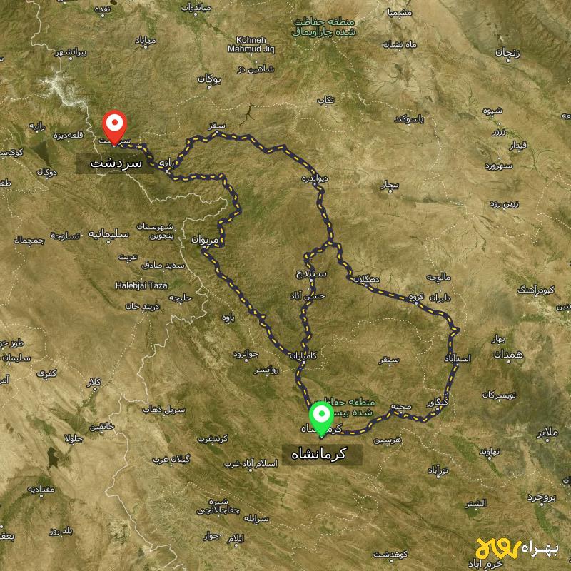 مسافت و فاصله سردشت - آذربایجان غربی تا کرمانشاه از 3 مسیر - مسیریاب بهراه