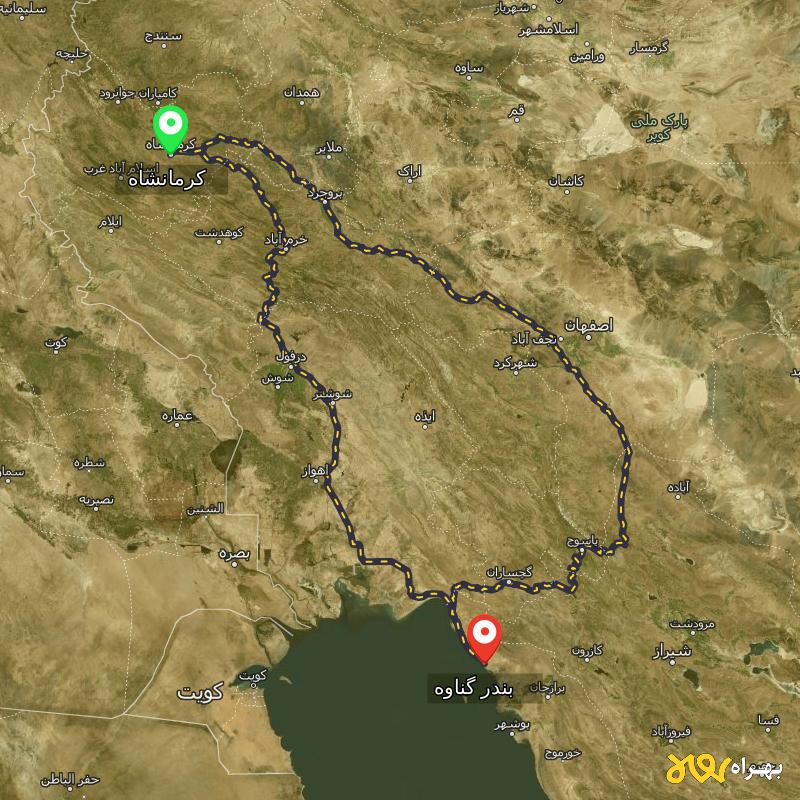 مسافت و فاصله بندر گناوه - بوشهر تا کرمانشاه از 2 مسیر - مسیریاب بهراه