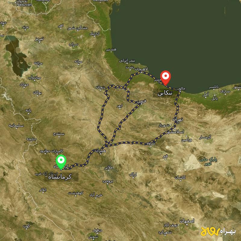 مسافت و فاصله تنکابن - مازندران تا کرمانشاه از ۳ مسیر - مرداد ۱۴۰۳
