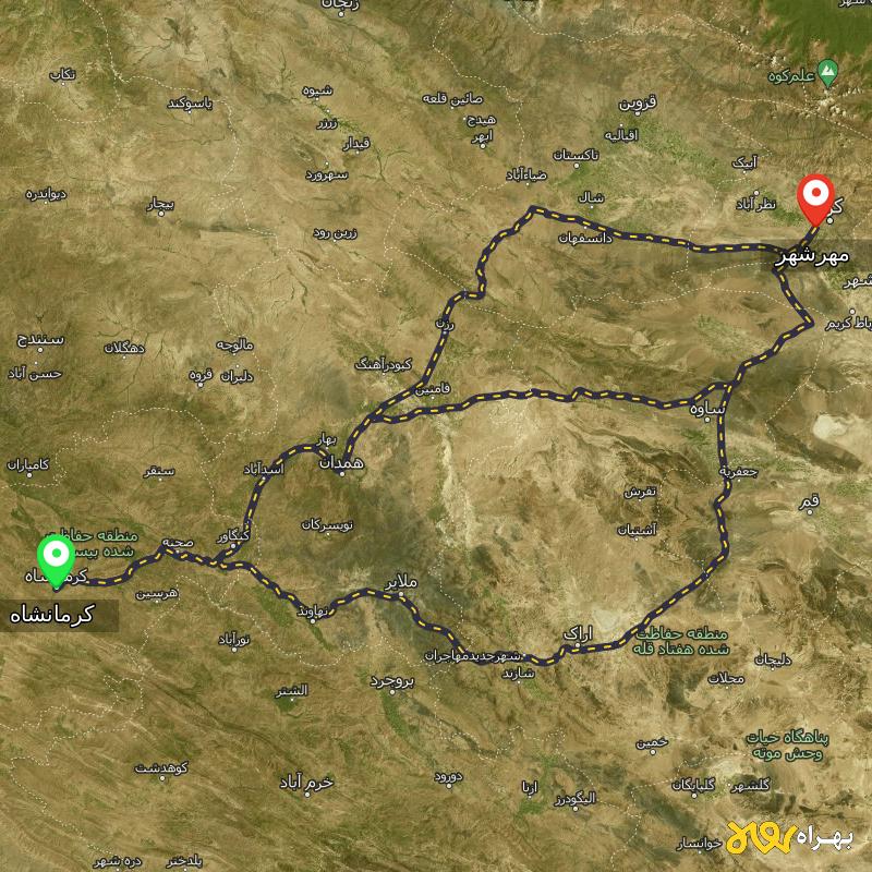 مسافت و فاصله مهرشهر - کرج تا کرمانشاه از ۳ مسیر - اردیبهشت ۱۴۰۳