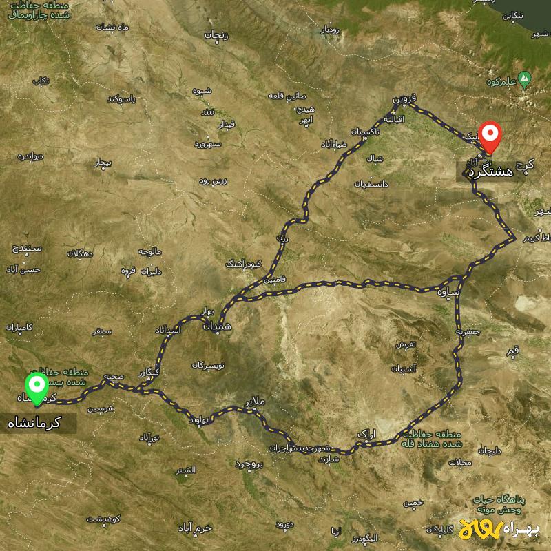 مسافت و فاصله هشتگرد تا کرمانشاه از ۳ مسیر - مهر ۱۴۰۳