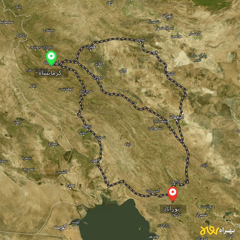 مسافت و فاصله نورآباد - نورآباد ممسنی تا کرمانشاه از ۳ مسیر - اردیبهشت ۱۴۰۳
