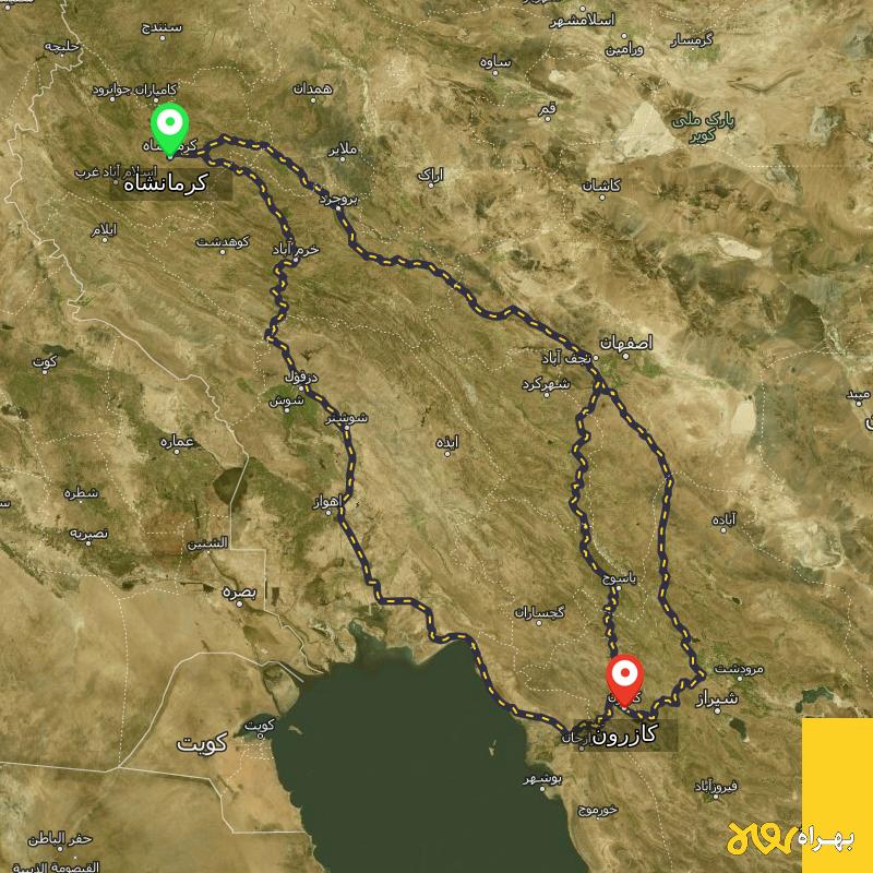مسافت و فاصله کازرون - فارس تا کرمانشاه از ۳ مسیر - اردیبهشت ۱۴۰۳