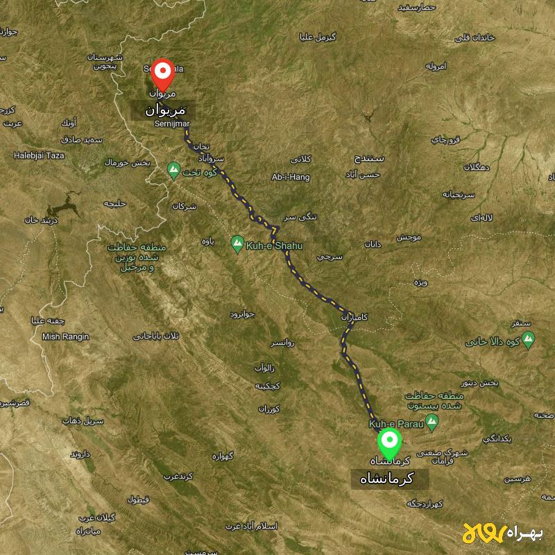 مسافت و فاصله مریوان - کردستان تا کرمانشاه - مسیریاب بهراه