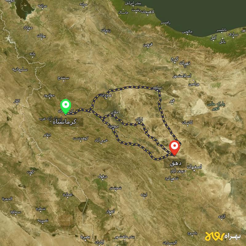 مسافت و فاصله دهق - اصفهان تا کرمانشاه از ۳ مسیر - شهریور ۱۴۰۳
