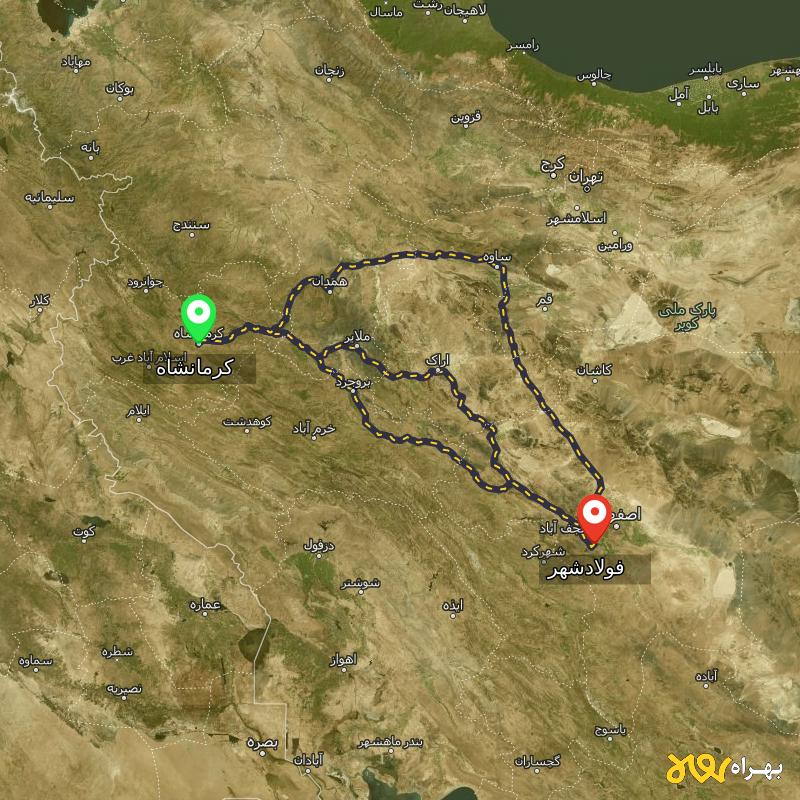 مسافت و فاصله فولادشهر - اصفهان تا کرمانشاه از ۳ مسیر - آذر ۱۴۰۳