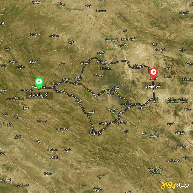 مسافت و فاصله فرمهین - مرکزی تا کرمانشاه از ۳ مسیر - شهریور ۱۴۰۳