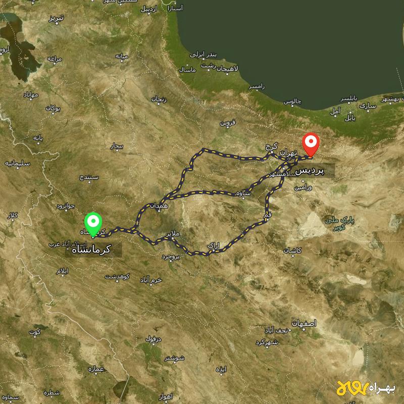 مسافت و فاصله پردیس - تهران تا کرمانشاه از ۳ مسیر - مهر ۱۴۰۳