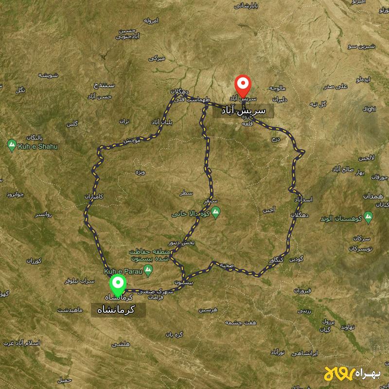 مسافت و فاصله سریش آباد - کردستان تا کرمانشاه از ۳ مسیر - دی ۱۴۰۳