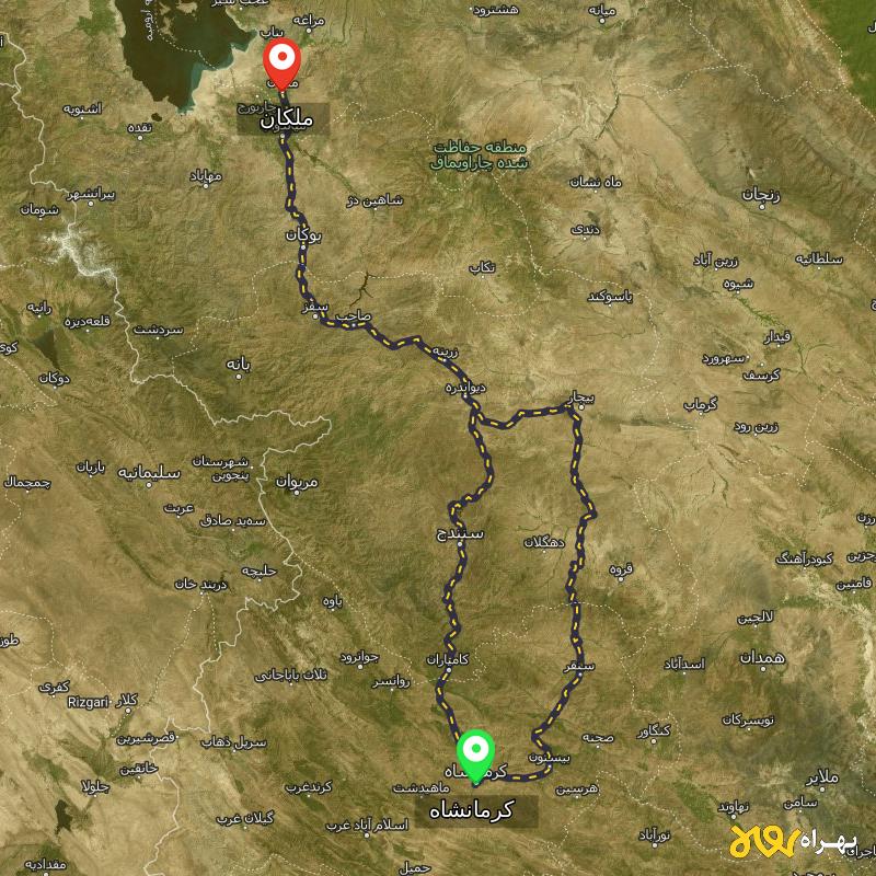 مسافت و فاصله ملکان - آذربایجان شرقی تا کرمانشاه از ۲ مسیر - مرداد ۱۴۰۳
