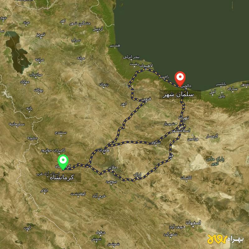 مسافت و فاصله سلمان شهر - مازندران تا کرمانشاه از ۳ مسیر - اردیبهشت ۱۴۰۳