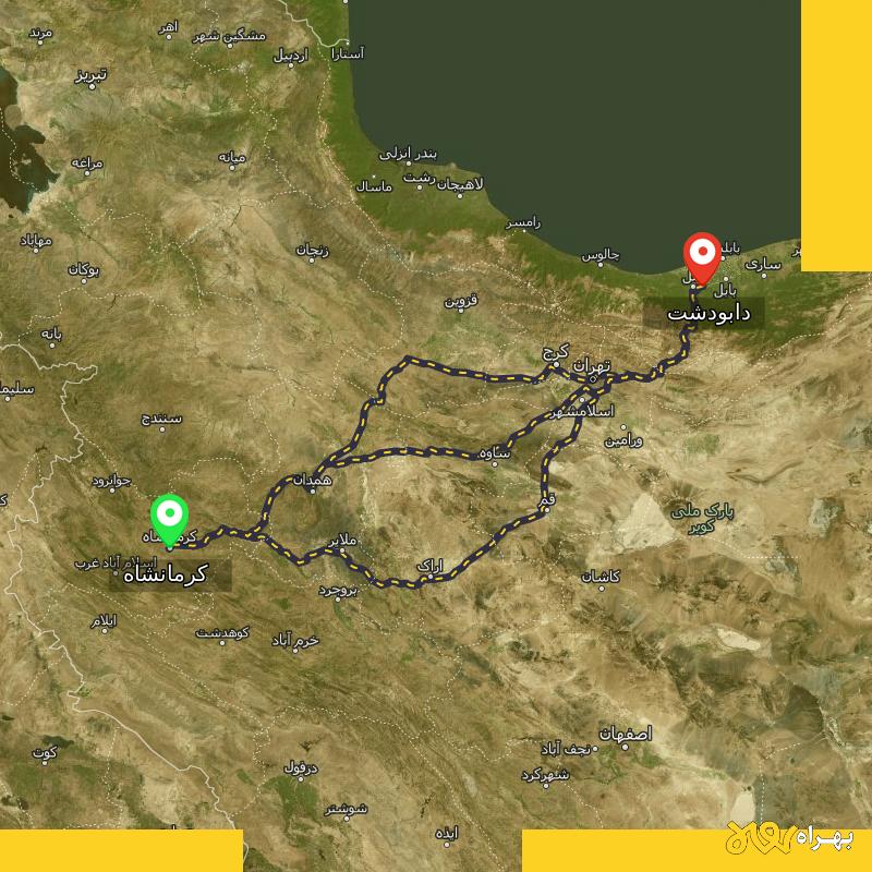 مسافت و فاصله دابودشت - مازندران تا کرمانشاه از ۳ مسیر - شهریور ۱۴۰۳