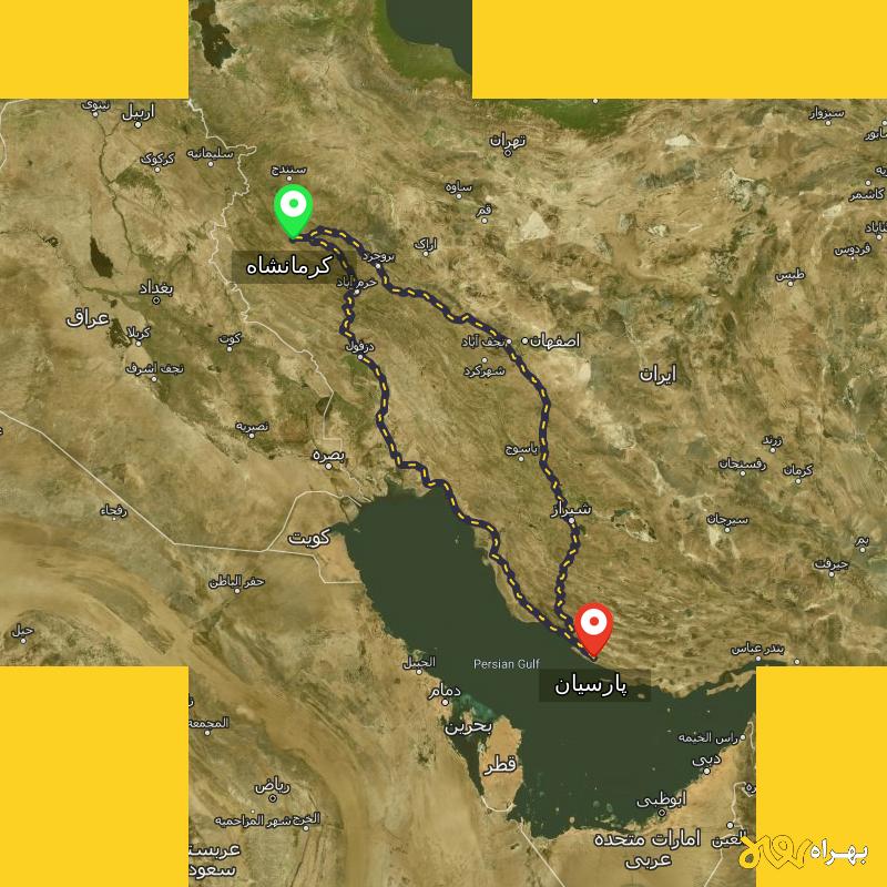 مسافت و فاصله پارسیان - هرمزگان تا کرمانشاه از ۲ مسیر - اردیبهشت ۱۴۰۳
