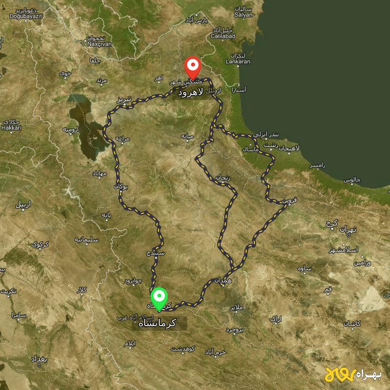 مسافت و فاصله لاهرود - اردبیل تا کرمانشاه از ۳ مسیر - مرداد ۱۴۰۳