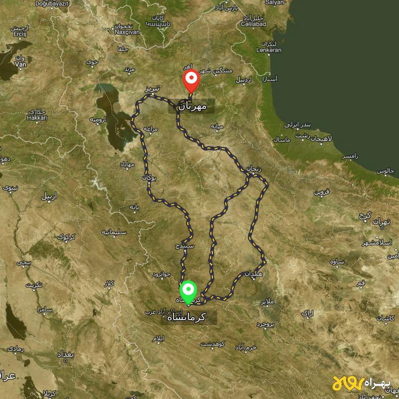 مسافت و فاصله مهربان - آذربایجان شرقی تا کرمانشاه از ۳ مسیر - شهریور ۱۴۰۳