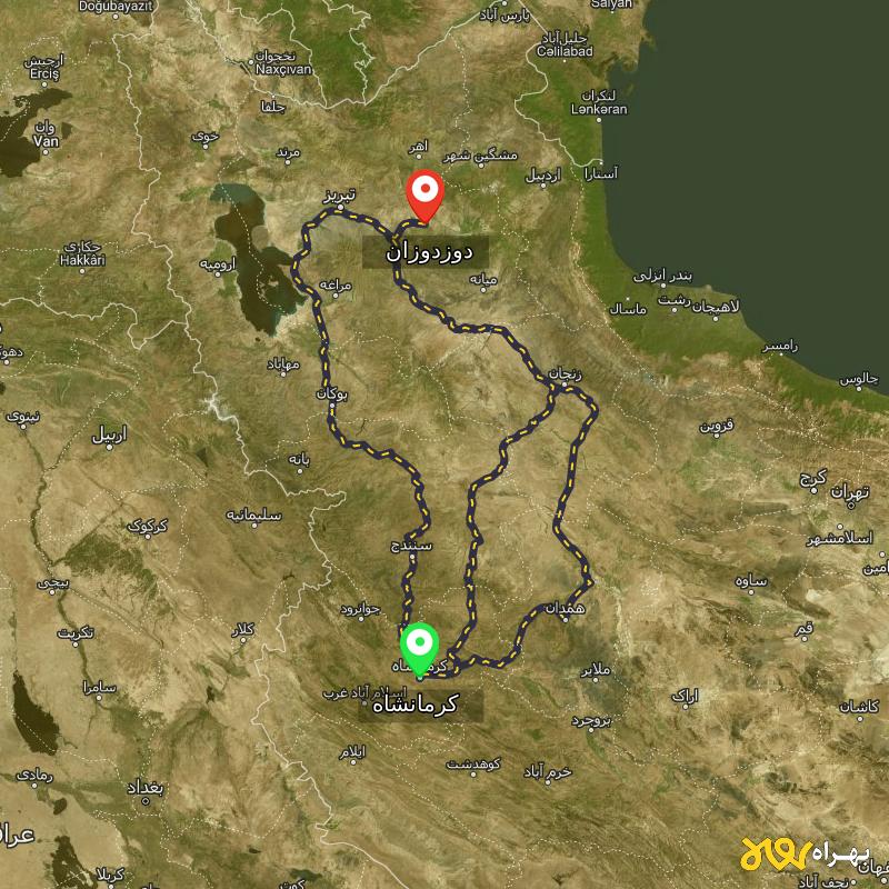 مسافت و فاصله دوزدوزان - آذربایجان شرقی تا کرمانشاه از ۳ مسیر - شهریور ۱۴۰۳