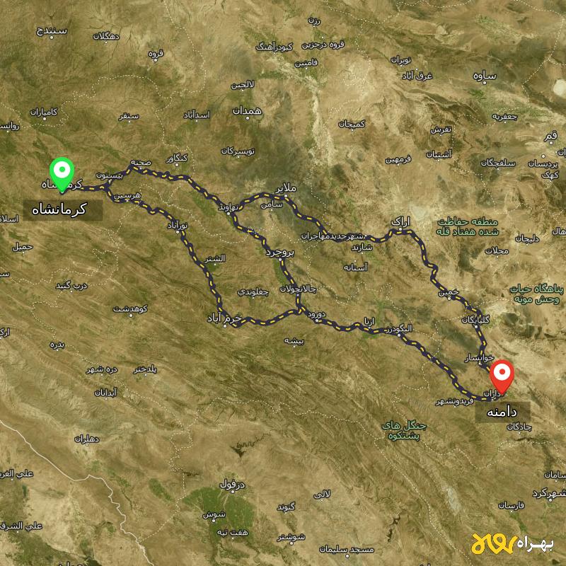 مسافت و فاصله دامنه - اصفهان تا کرمانشاه از ۳ مسیر - بهمن ۱۴۰۳