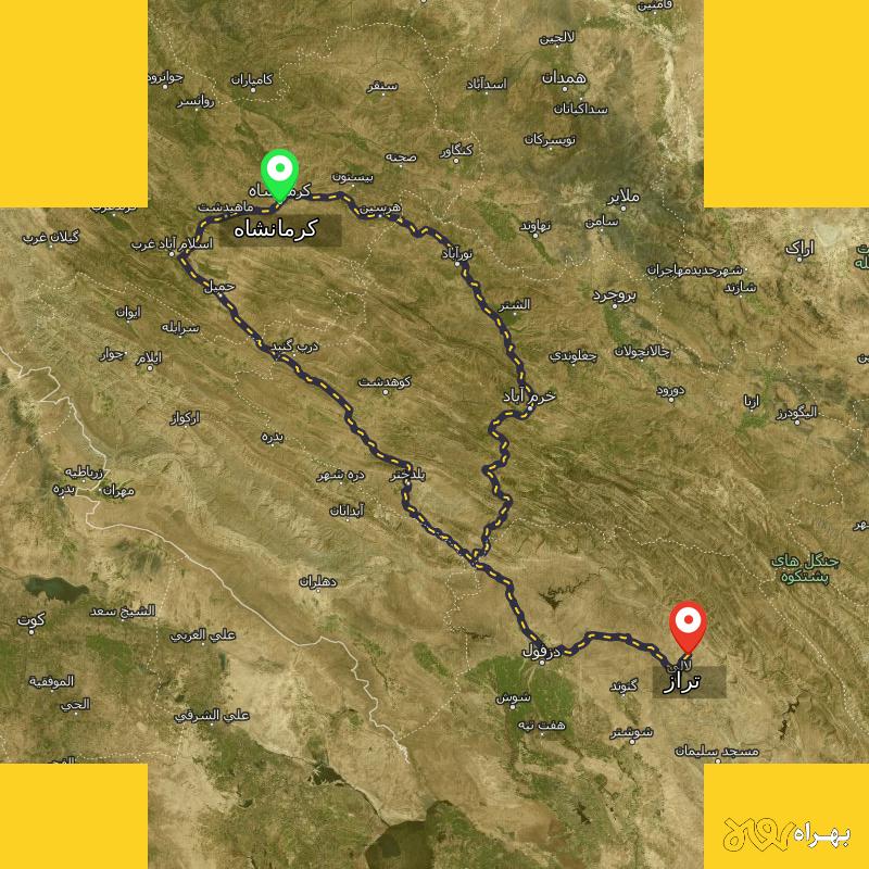 مسافت و فاصله تراز - خوزستان تا کرمانشاه از ۲ مسیر - بهمن ۱۴۰۳