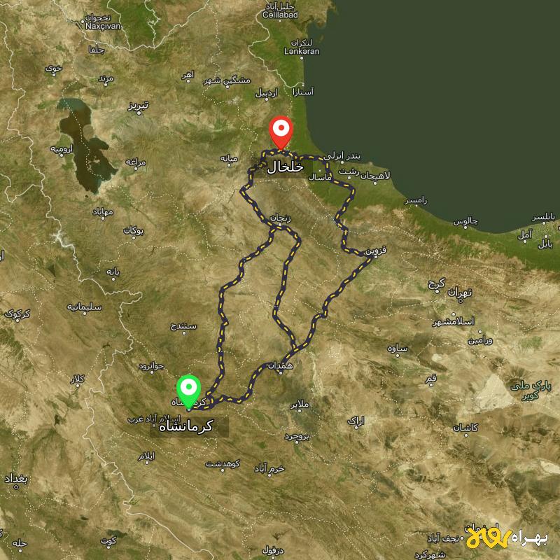 مسافت و فاصله خلخال - اردبیل تا کرمانشاه از ۳ مسیر - آبان ۱۴۰۳